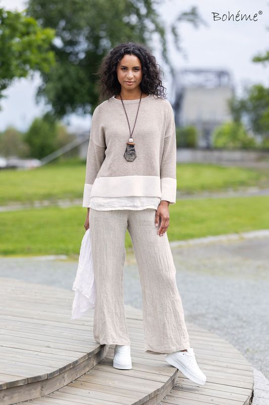 Boheme Genser Bomullsmix 2 Farget Sand/Offwhite