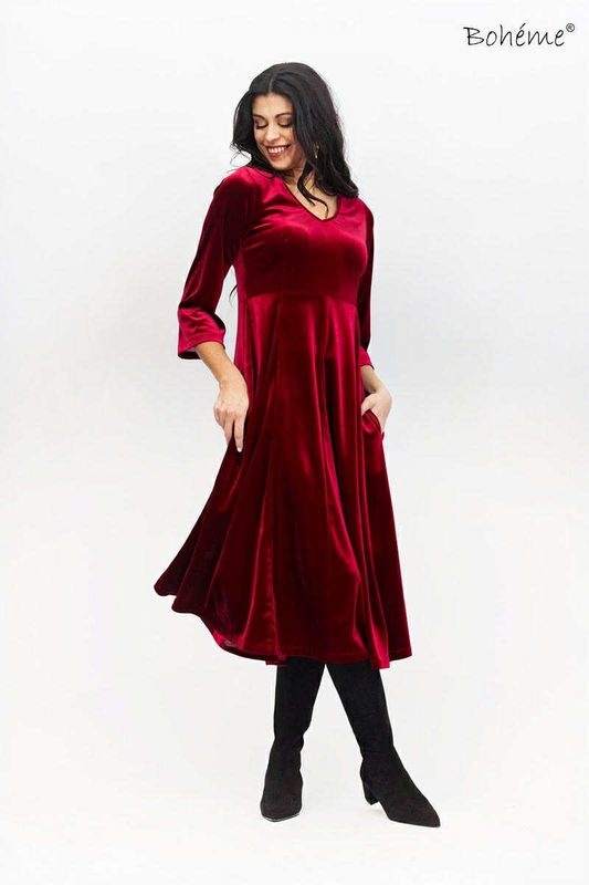 Boheme Kjole Lang A-Line i Velour Red